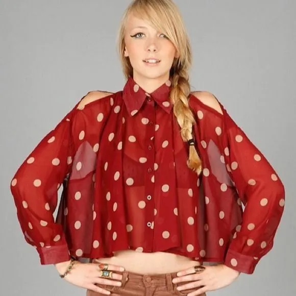 UNIF Burgundy Polka Dot Sheer Top - Picture 9 of 9